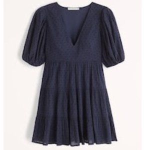 Abercrombie and Fitch Plunge Puff Sleeve Mini Dress, Navy, Medium Petite
